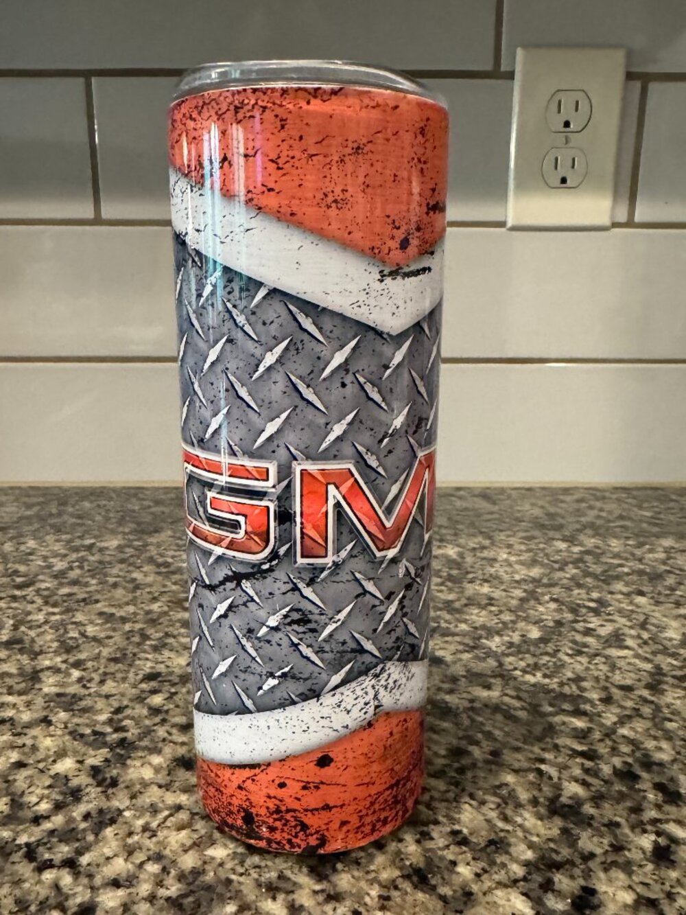 GMC 20oz Stainless Steel Skinny Tumbler Diamond Plate Orange Lid Handmade